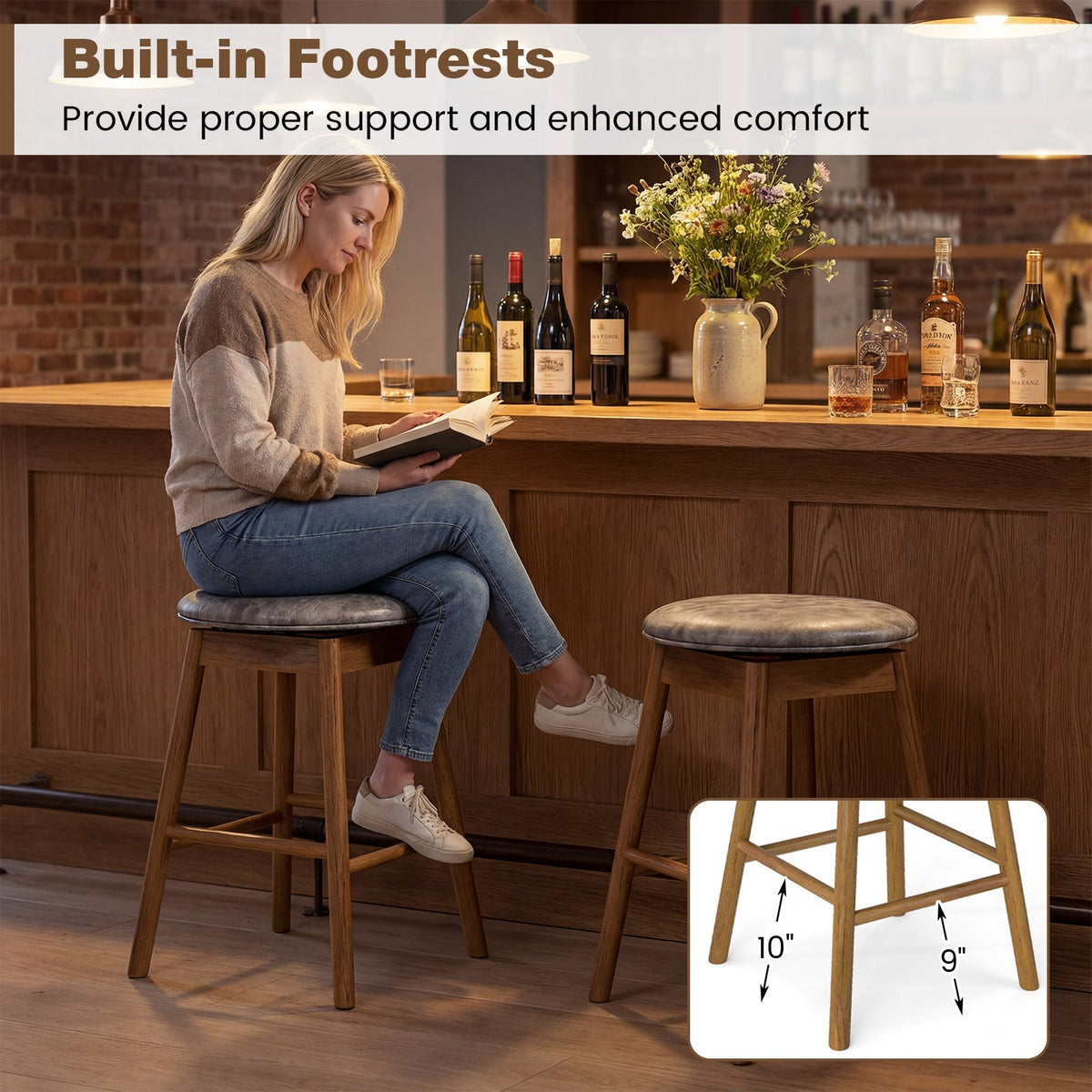 2-Piece Backless Swivel Bar Stools with Solid Wood Legs and Footrests