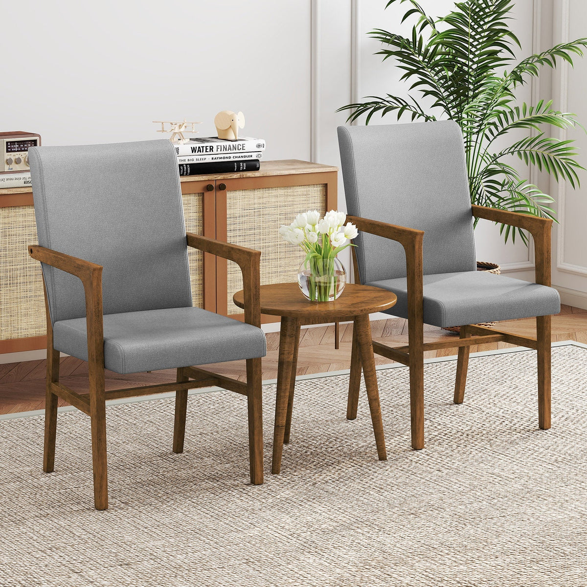 Upholstered Accent Chairs Set of 2 with High Back and Solid Wooden Frame-Gray