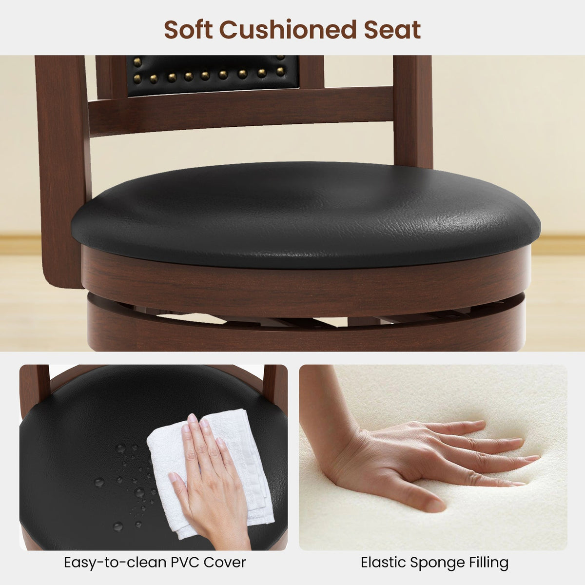 Upholstered Bar Stools Set of 2 with Curved Backrest and Footrest