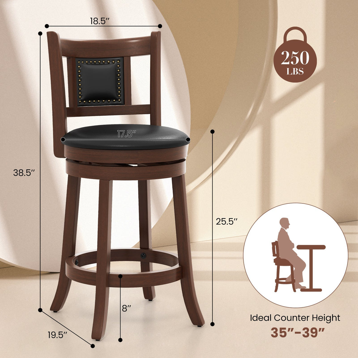 Upholstered Bar Stools Set of 2 with Curved Backrest and Footrest