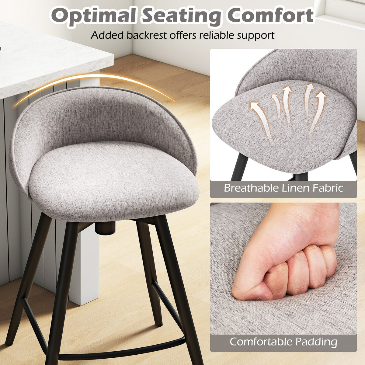 Upholstered Swivel Bar Stools with Footrest and Backrest - Set of 2