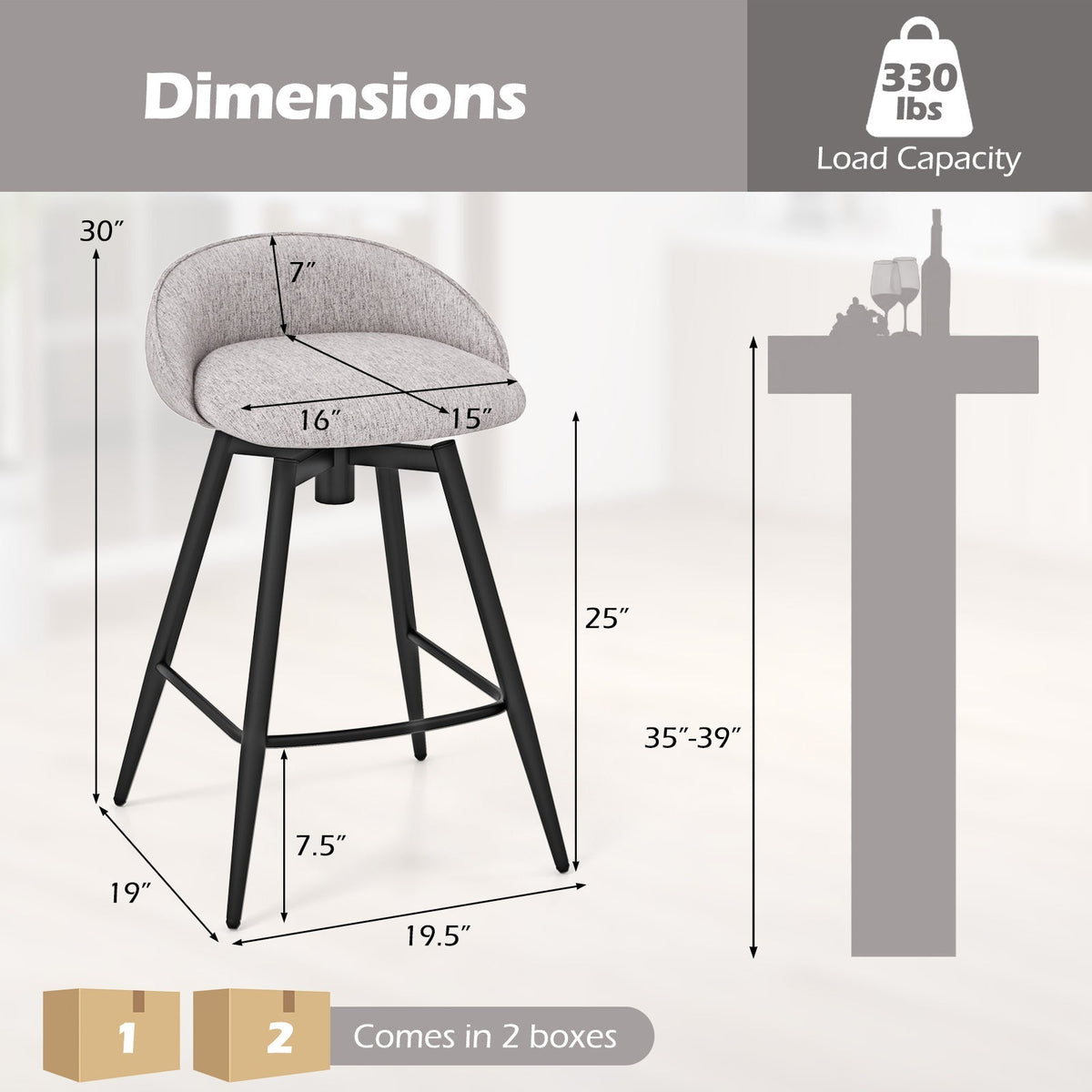 Upholstered Swivel Bar Stools with Footrest and Backrest - Set of 2
