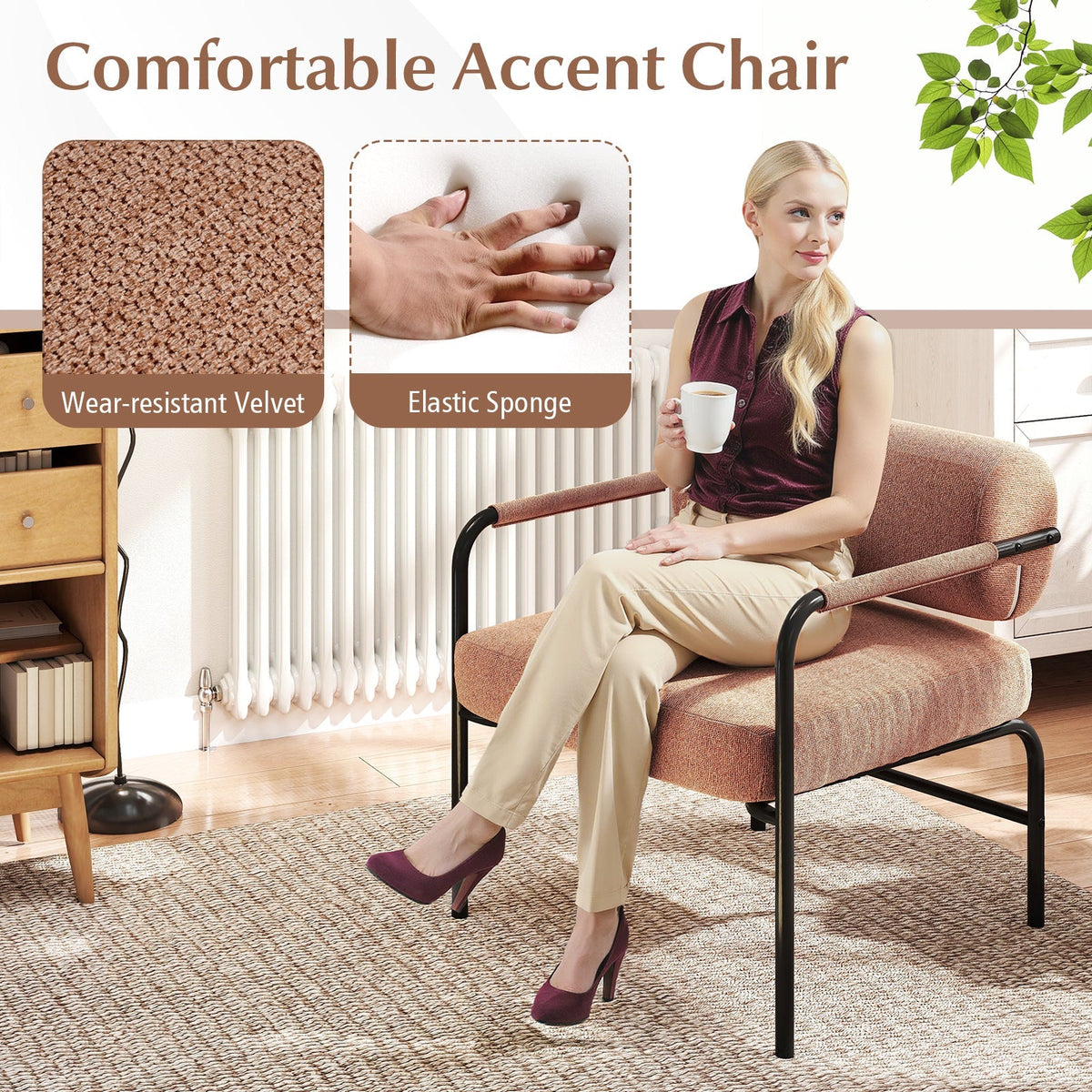Velvet Upholstered Accent Chair with Cylindrical Backrest and Metal Armrests