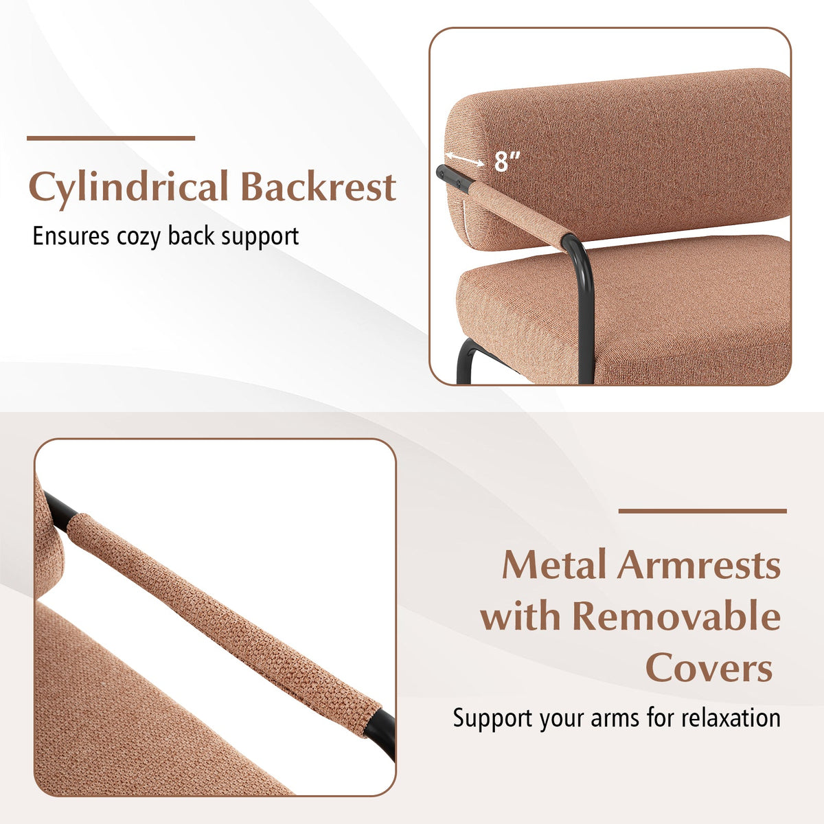 Velvet Upholstered Accent Chair with Cylindrical Backrest and Metal Armrests