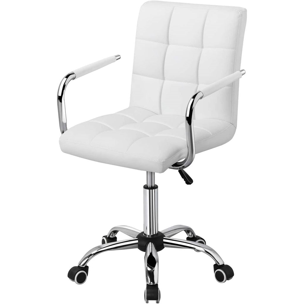 White Faux Leather Mid-Back Swivel Office Chair with Removable Armrests