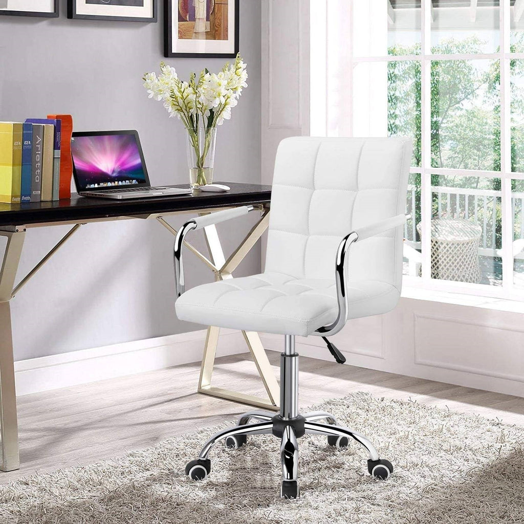White Faux Leather Mid-Back Swivel Office Chair with Removable Armrests