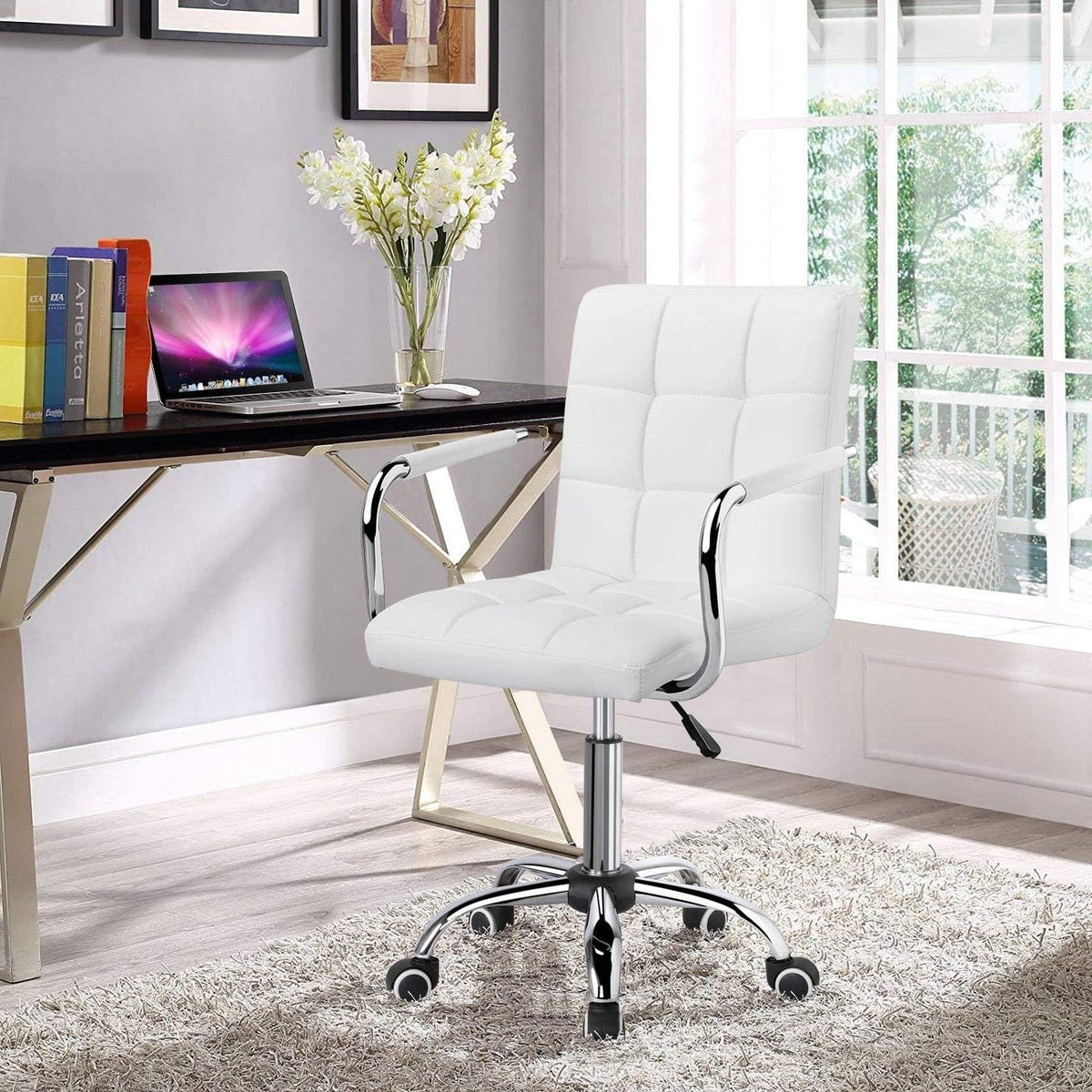 White Faux Leather Mid-Back Swivel Office Chair with Removable Armrests