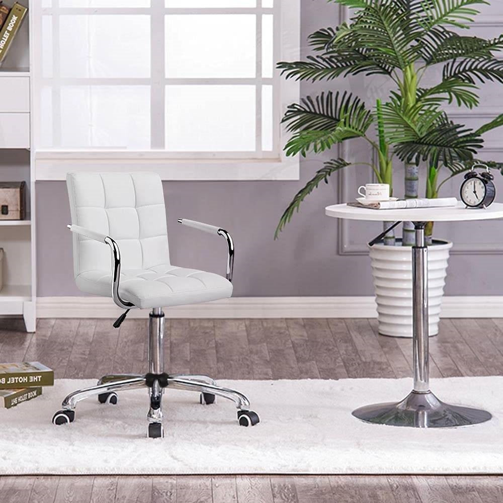 White Faux Leather Mid-Back Swivel Office Chair with Removable Armrests