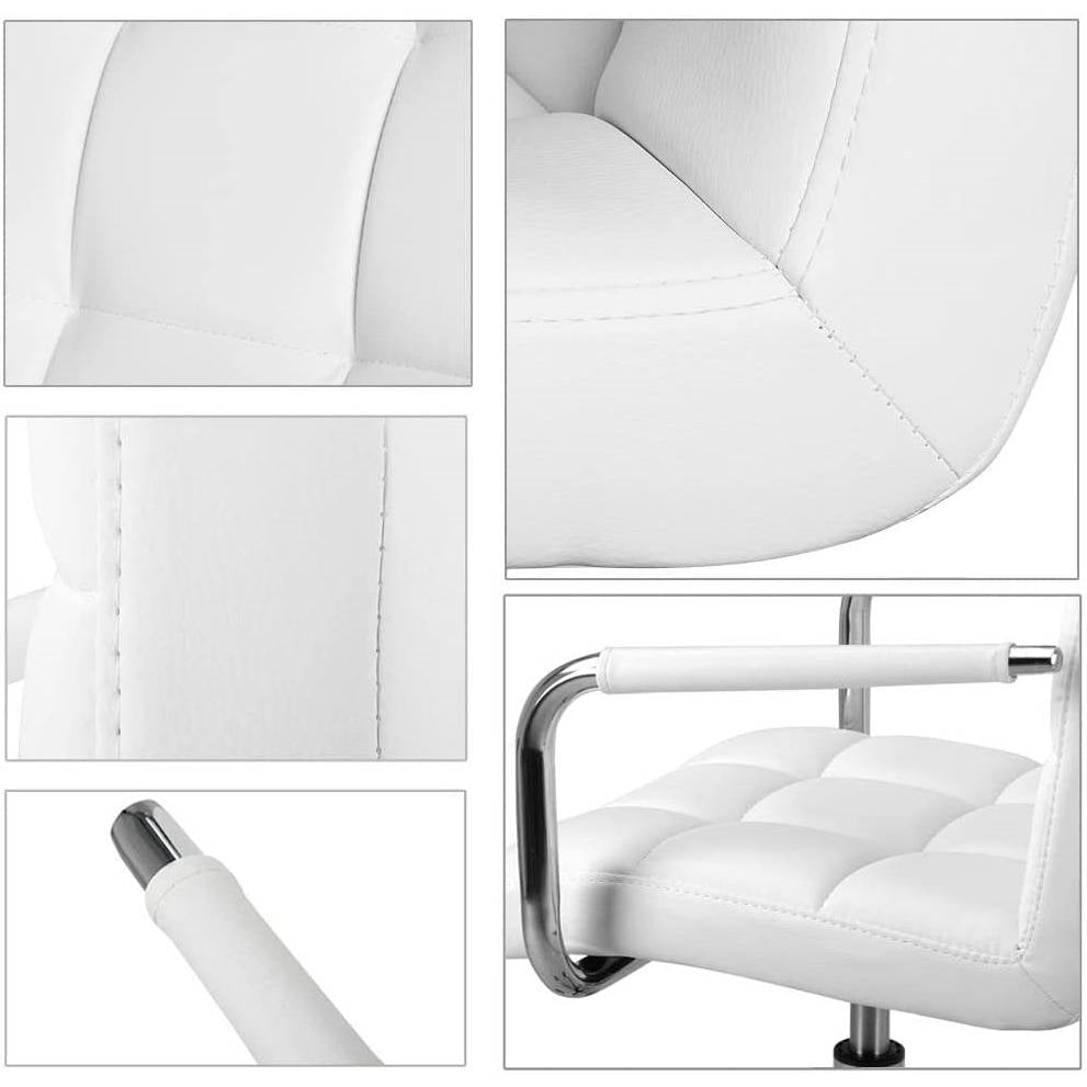 White Faux Leather Mid-Back Swivel Office Chair with Removable Armrests