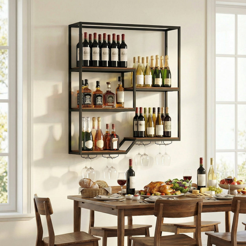 Wall Mounted Wine Rack 6-Tier Hanging Bar Shelf with Bottle Display Shelf and Glass Holder-Rustic Brown