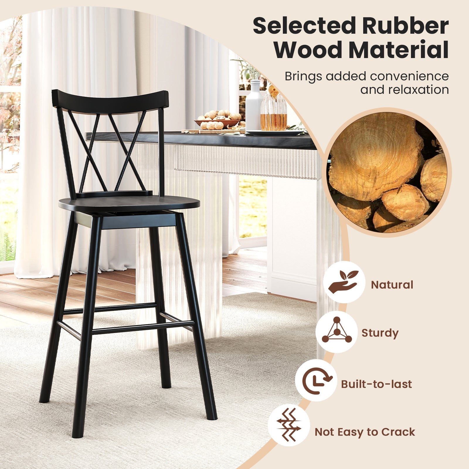 Set of 2 Windsor Bar Stool with Ergonomic Backrest and Footrests-29 inches