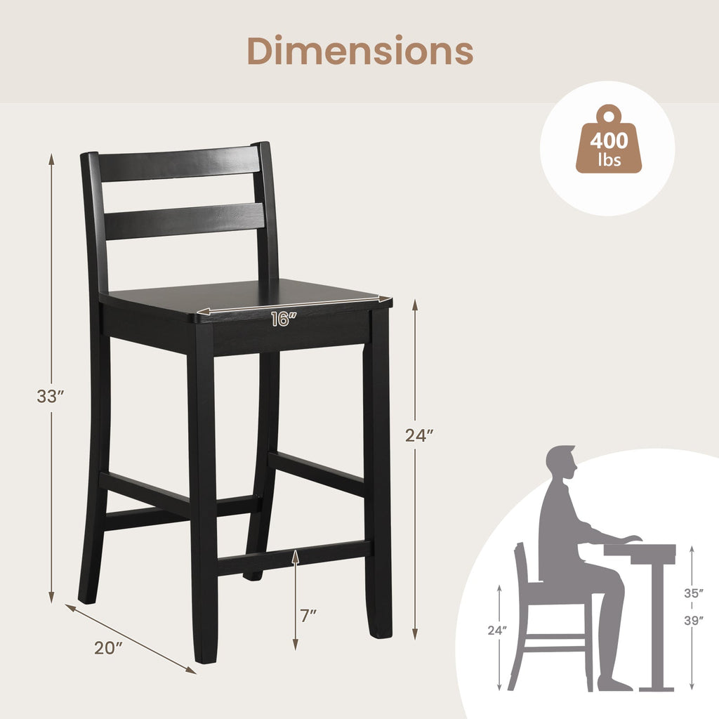 Wooden Bar Stools Set of 2 with Ergonomic Backrest and Footrest
