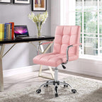 Pink Faux Leather Mid-Back Swivel Office Chair with Removable Armrests