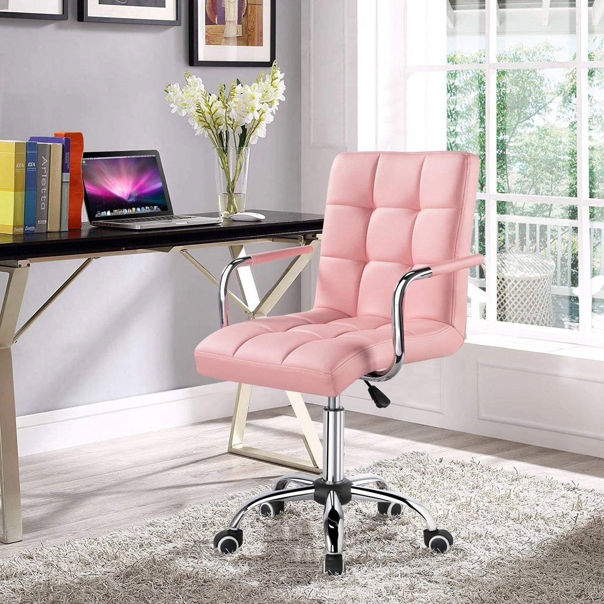 Pink Faux Leather Mid-Back Swivel Office Chair with Removable Armrests