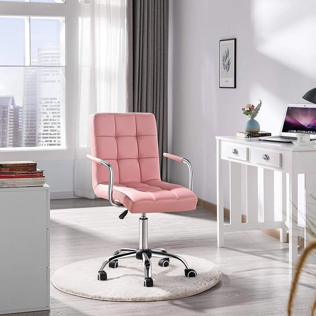 Pink Faux Leather Mid-Back Swivel Office Chair with Removable Armrests