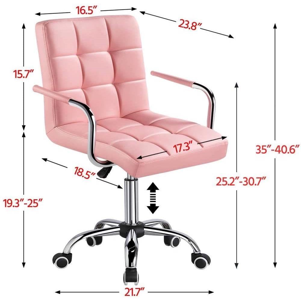 Pink Faux Leather Mid-Back Swivel Office Chair with Removable Armrests