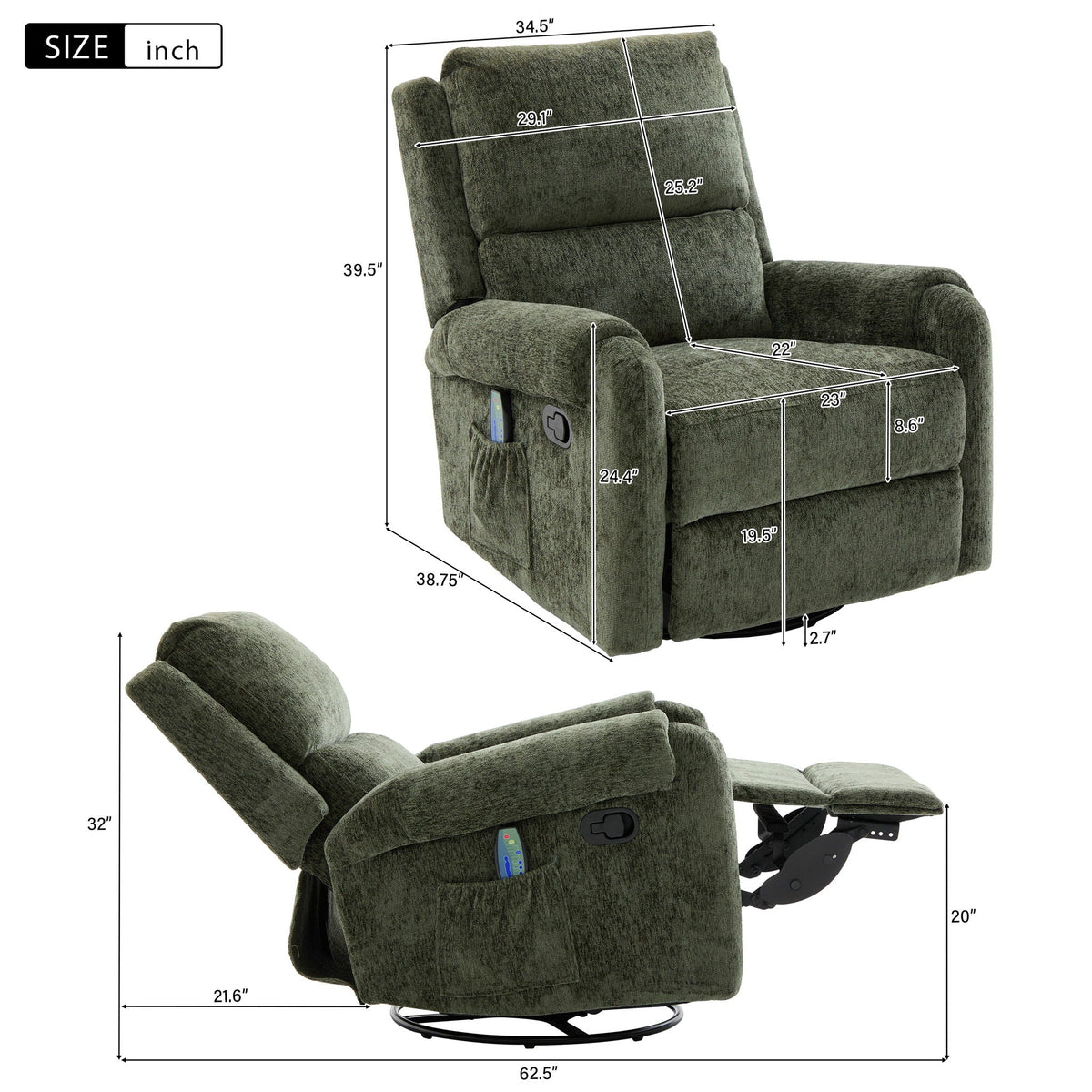 Swivel Rocker Recliner with 8-Mode Massage and Side Pocket