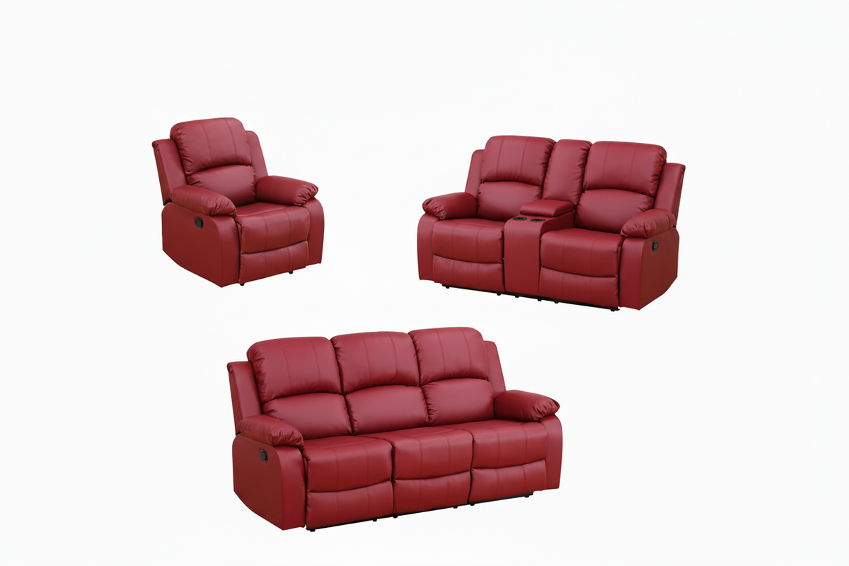 Red Bonded Leather Reclining Sofa Set, Set of 3