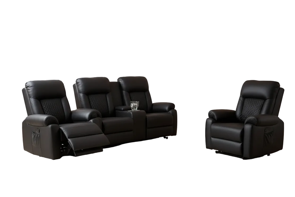 Black PU Leather Reclining Loveseat & Massage Chairs, Set of 3