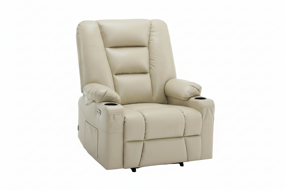Beige Faux Leather Wide Power Lift Recliner with Massage & Heat
