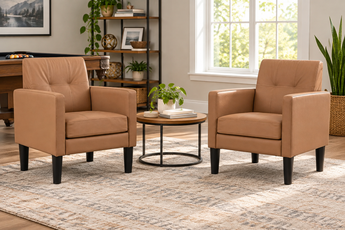 Brown PU Leather Accent Chairs with Removable Cushions, Set of 2