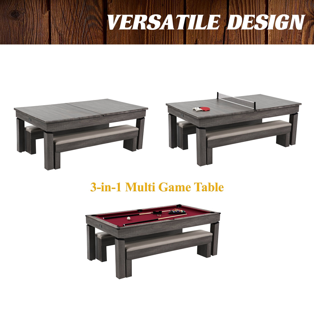 7' Pool Table, 3-In-1 Dining Top & Table Tennis with Game Accessories & Rolling Storage Caddy Prescott