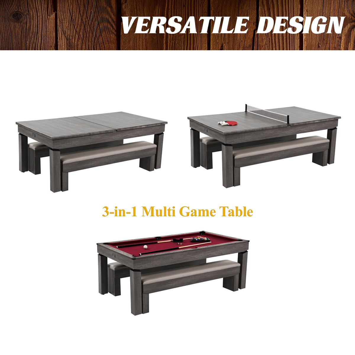 7' Pool Table, 3-In-1 Dining Top & Table Tennis with Game Accessories & Rolling Storage Caddy Prescott