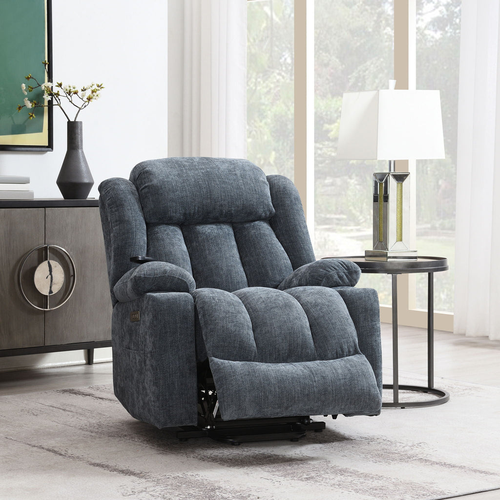 Blue Chenille Power Lift Recliner with Heat and Massage