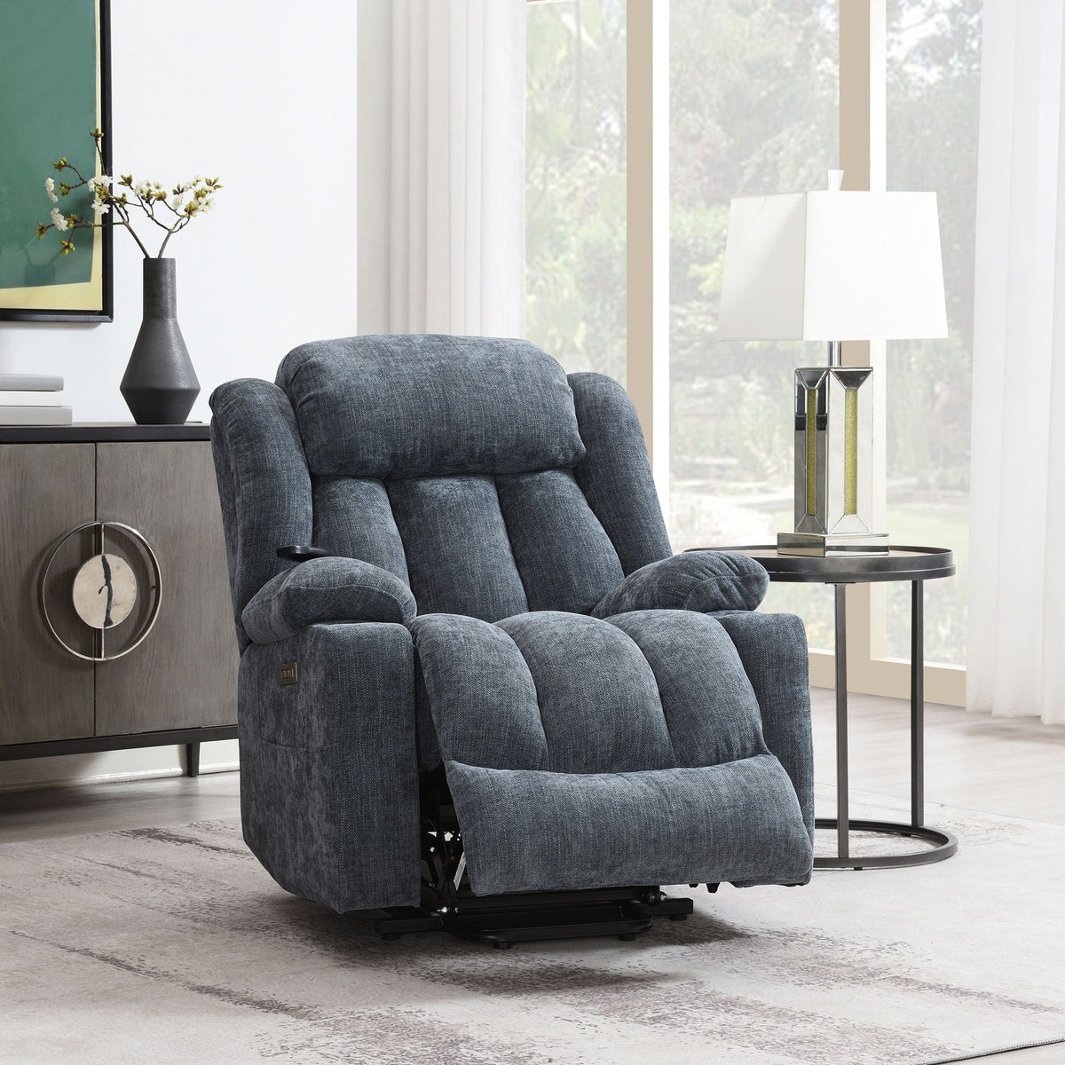 Blue Chenille Power Lift Recliner with Heat and Massage