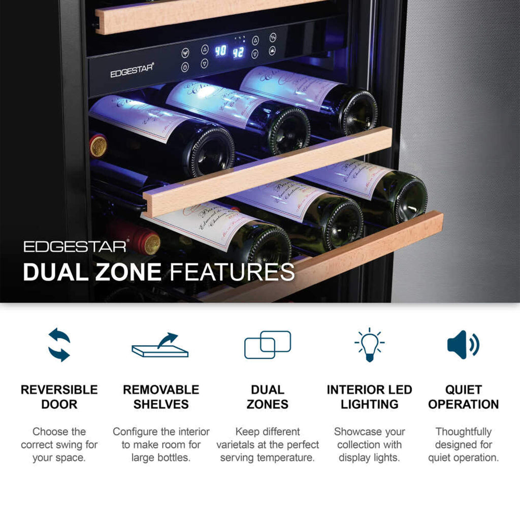 EdgeStar 24-Inch 142-Bottle Built-In Dual Zone Double Door Wine Cooler with Door Lock