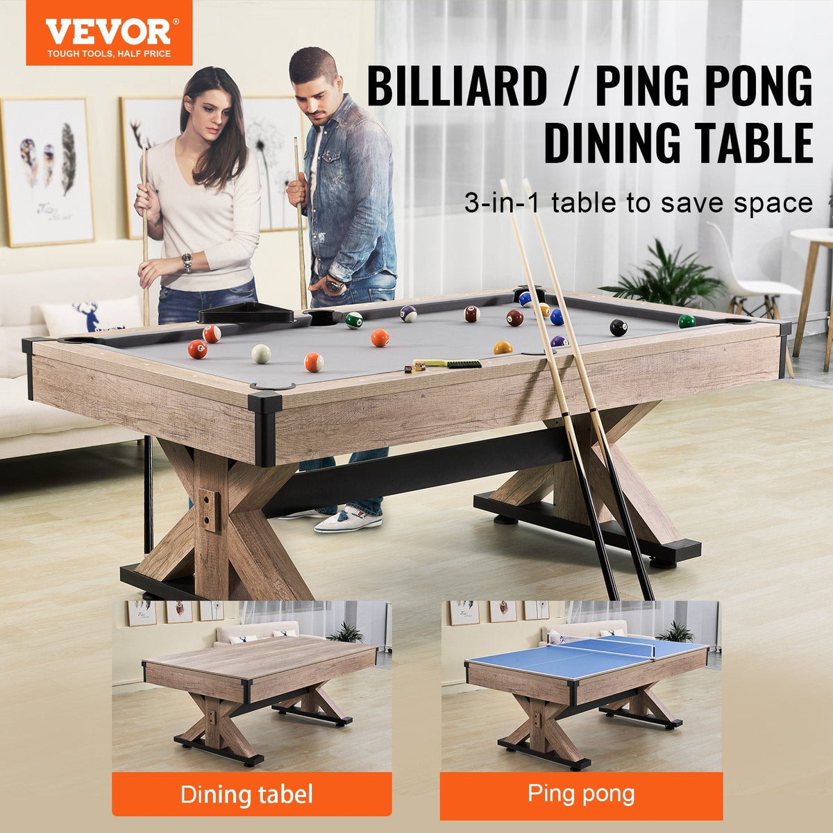 VEVOR 7 ft 3-in-1 Pool Table | Table Tennis & Dining