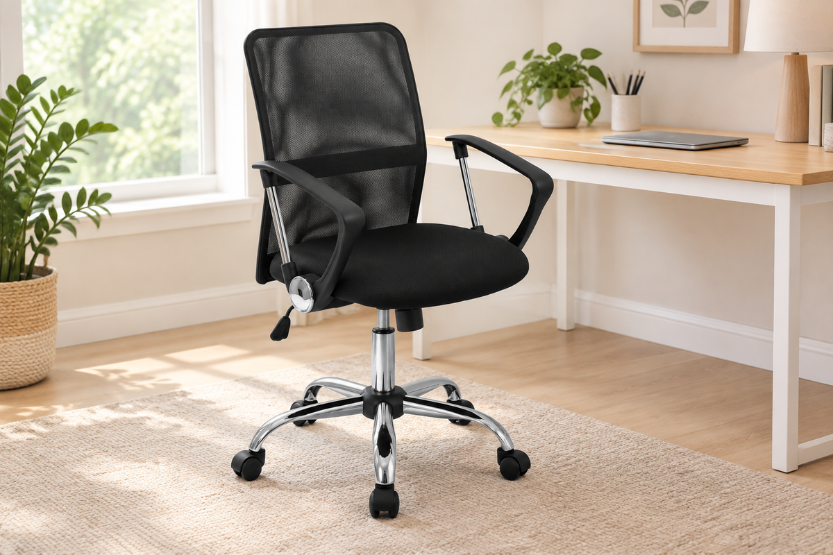 Black mid-back mesh office chair with chrome-finished base in a bright home office