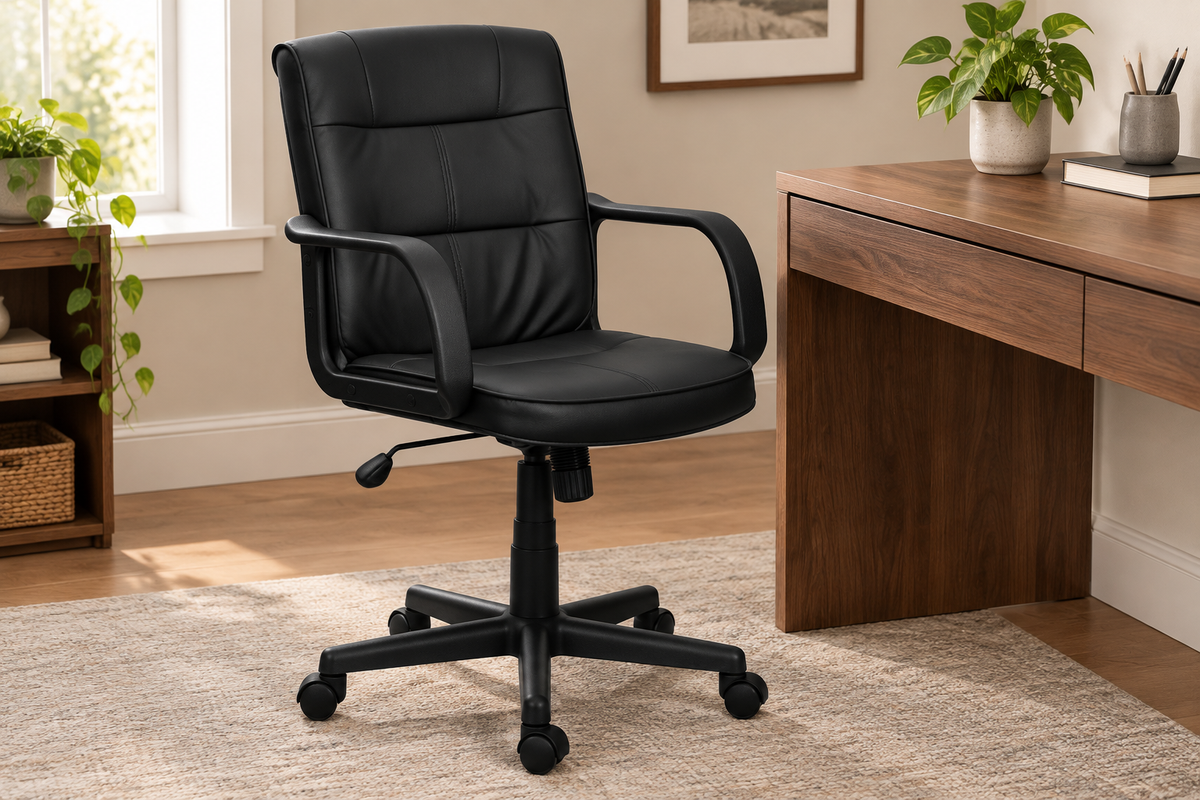 Black padded mid-back office chair with nylon arms in a home office