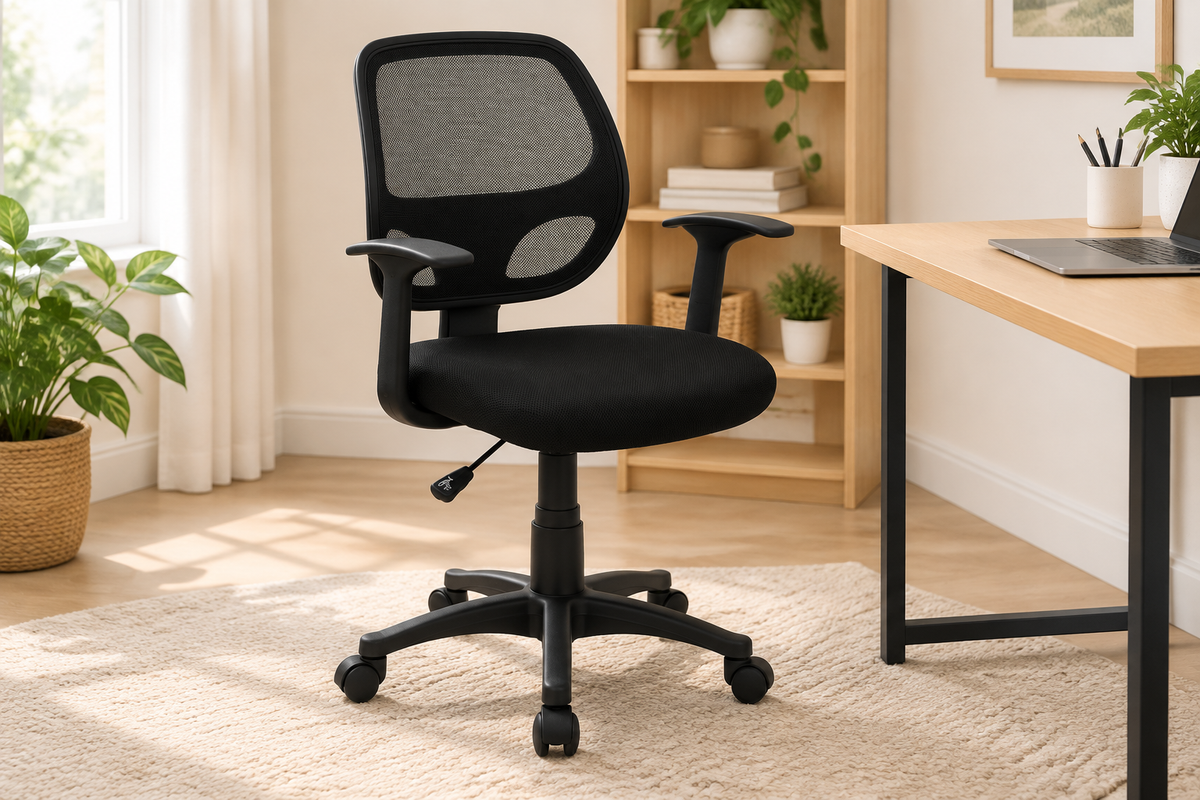 Black mesh mid-back office chair in a bright home workspace