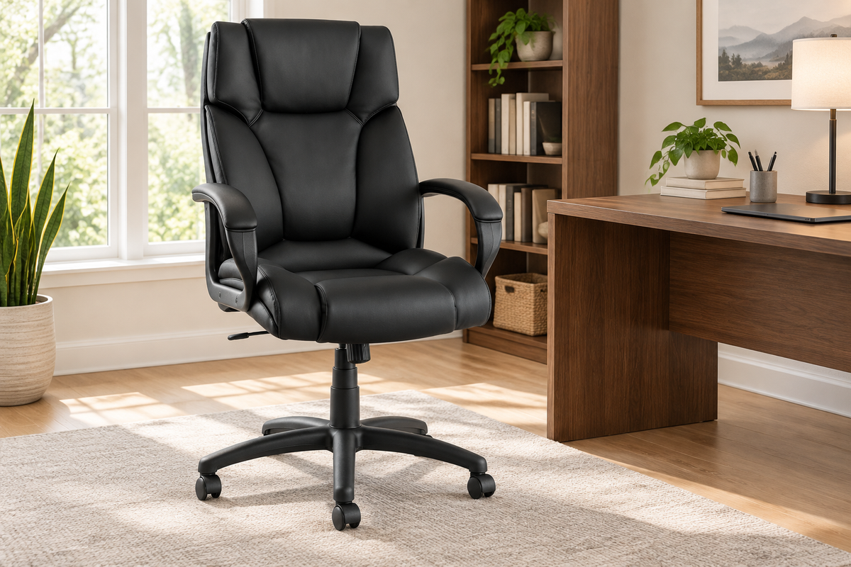 Black soft-touch leather high-back office chair beside a desk in a bright home office
