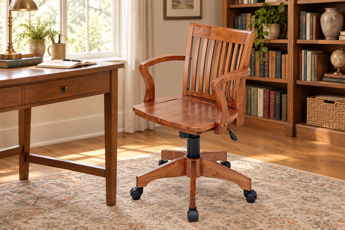 Medium-brown wooden bankers chair beside a writing desk in a home study