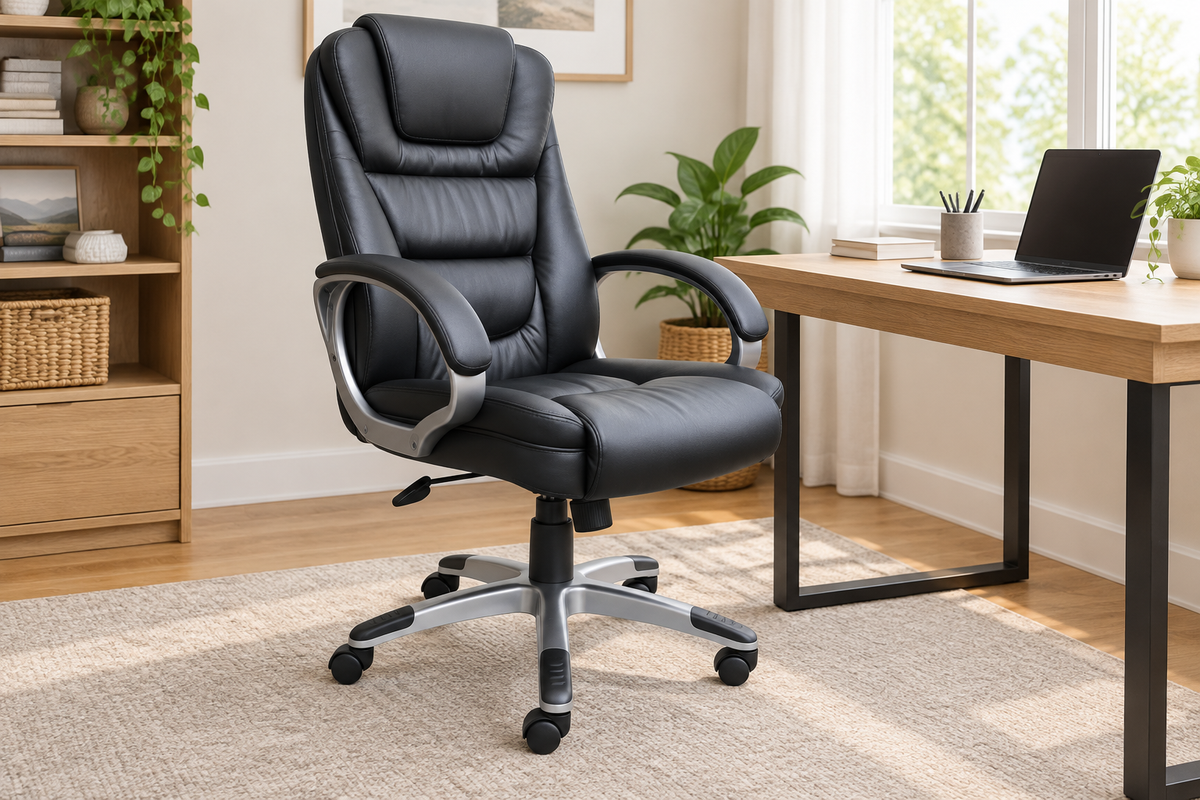 Black faux leather executive office chair in a bright home workspace