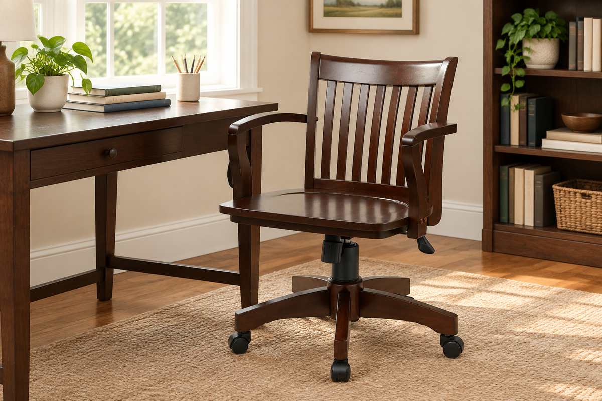 Espresso wood bankers chair beside a writing desk in a bright home office