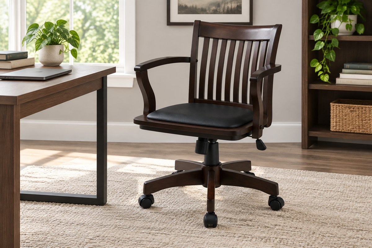Espresso wooden bankers chair with black vinyl padded seat in a home study
