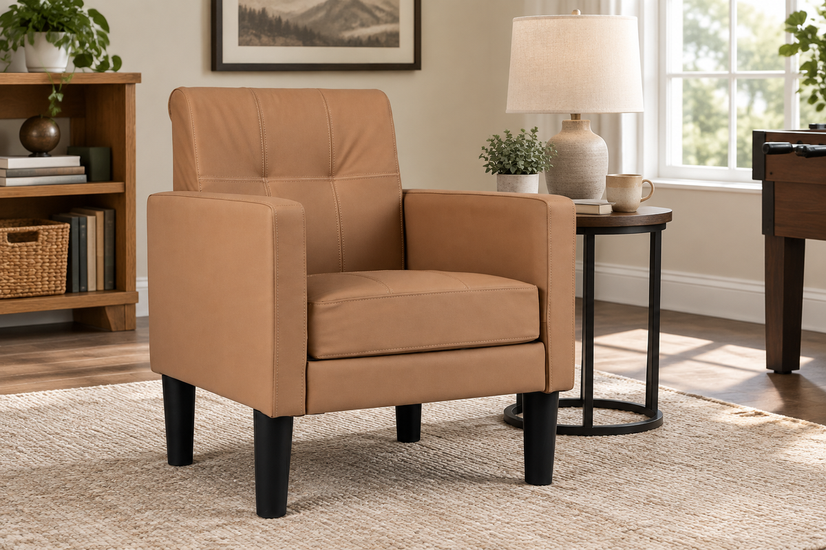 Brown PU leather accent chair in a bright home reading corner