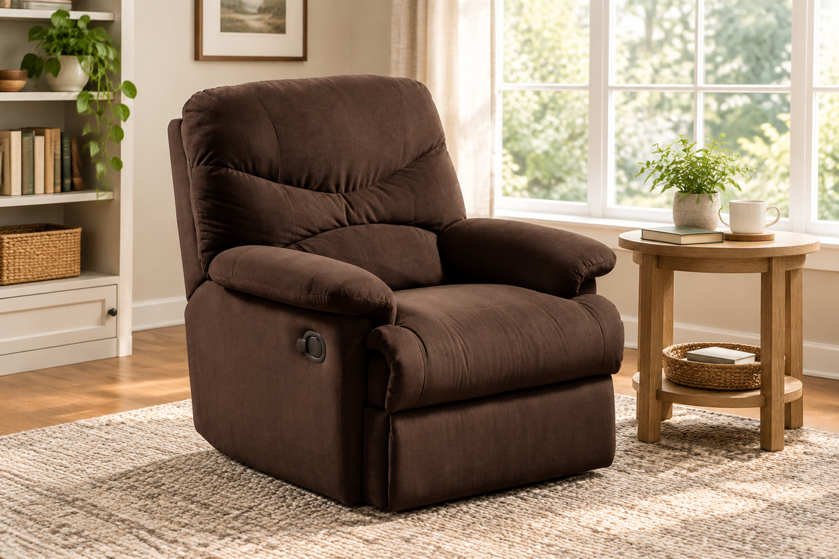 Chocolate brown microfiber recliner in a sunlit family-room reading nook