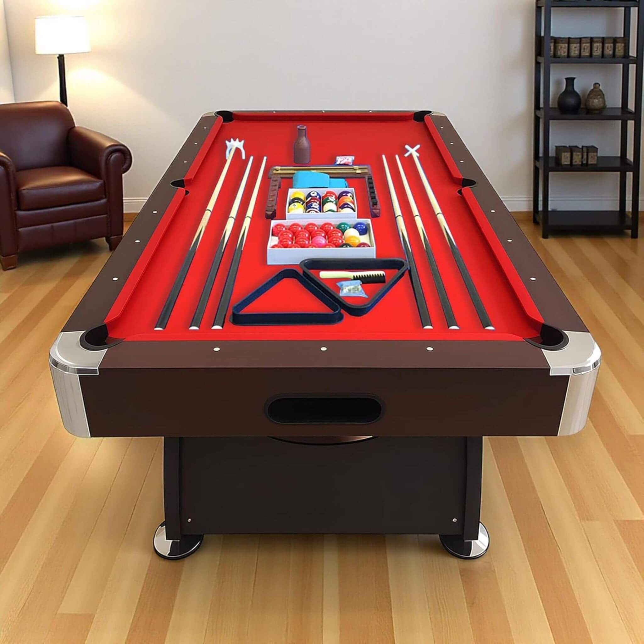 Modern Red Felt 8FT Billiard Pool Table with Automatic Ball Return and Accessories Kit