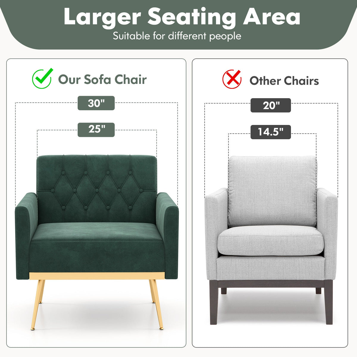 Modern Velvet Accent Chair with Button Tufted Back Golden Metal Legs and Adjustable Foot Pads