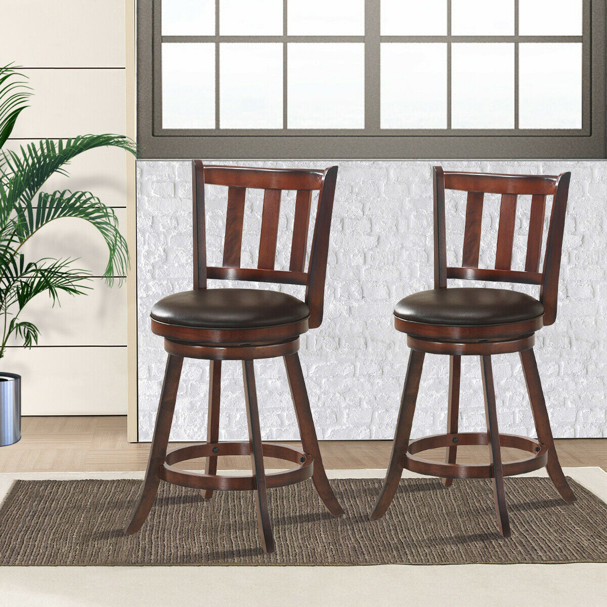 360° Swivel Wooden Bar Stool Set of 2 with Cushioned Seat
