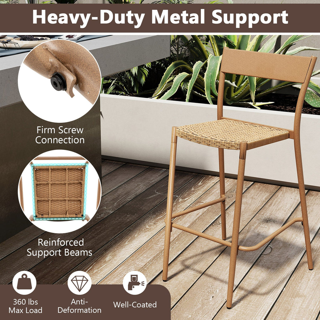 2-Piece Patio Rattan Bar Stools with Metal Backrests