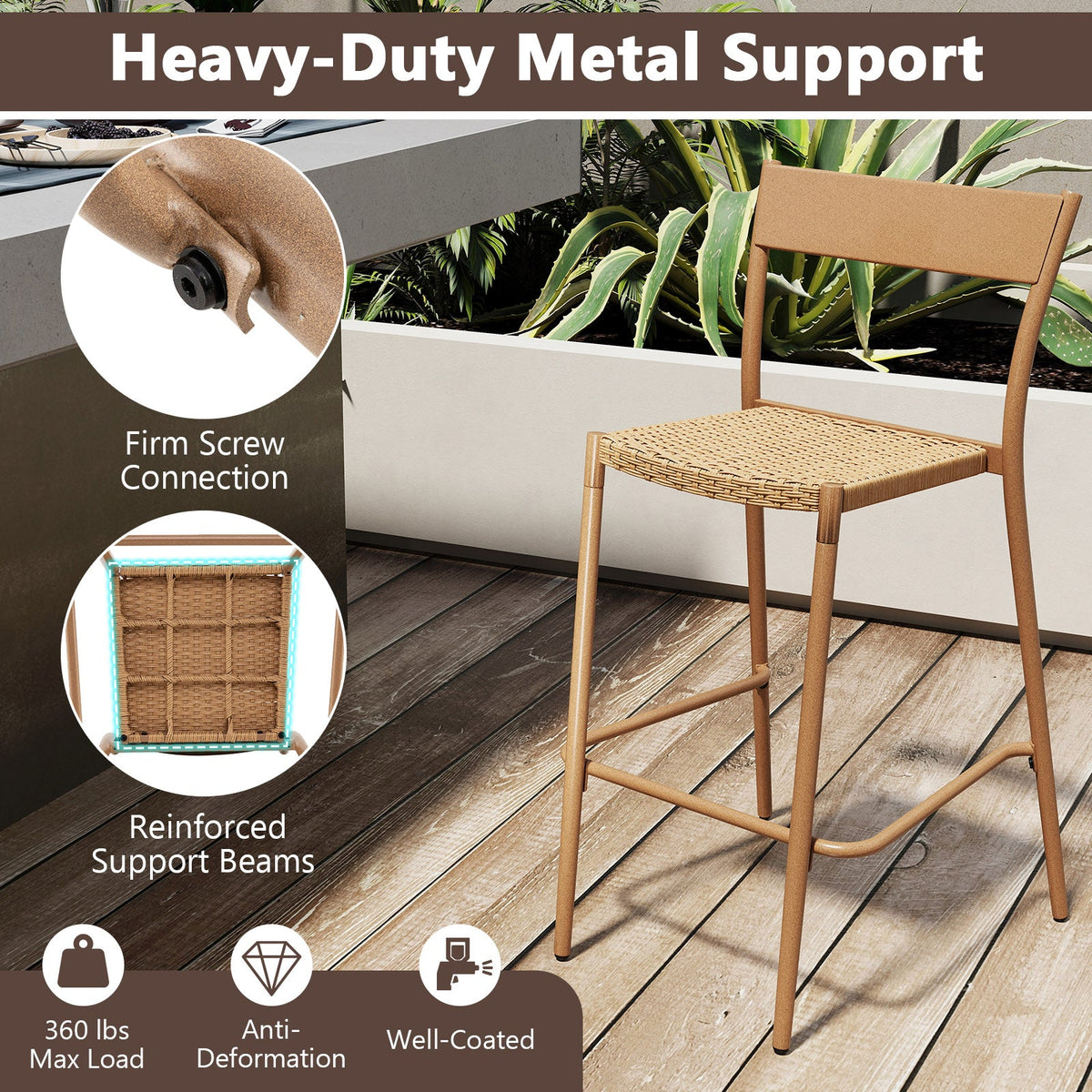 2-Piece Patio Rattan Bar Stools with Metal Backrests