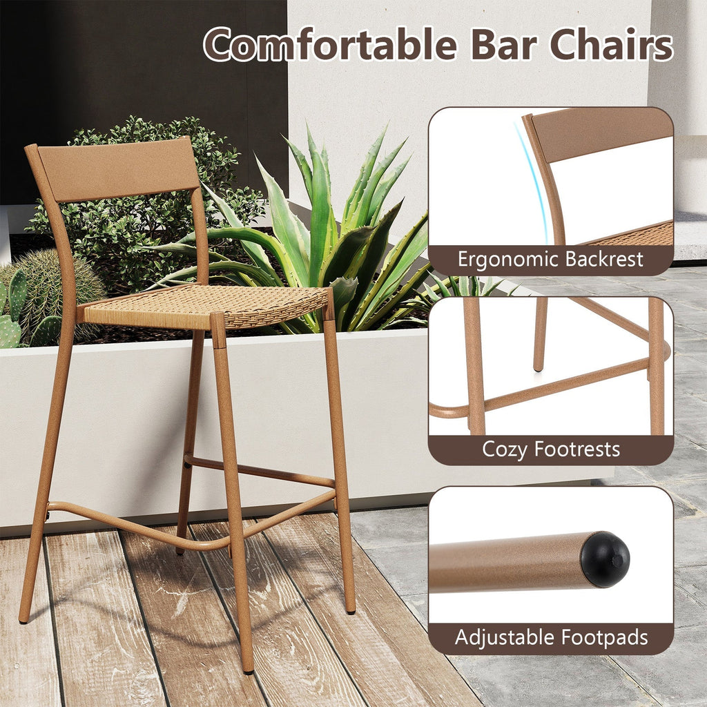 2-Piece Patio Rattan Bar Stools with Metal Backrests