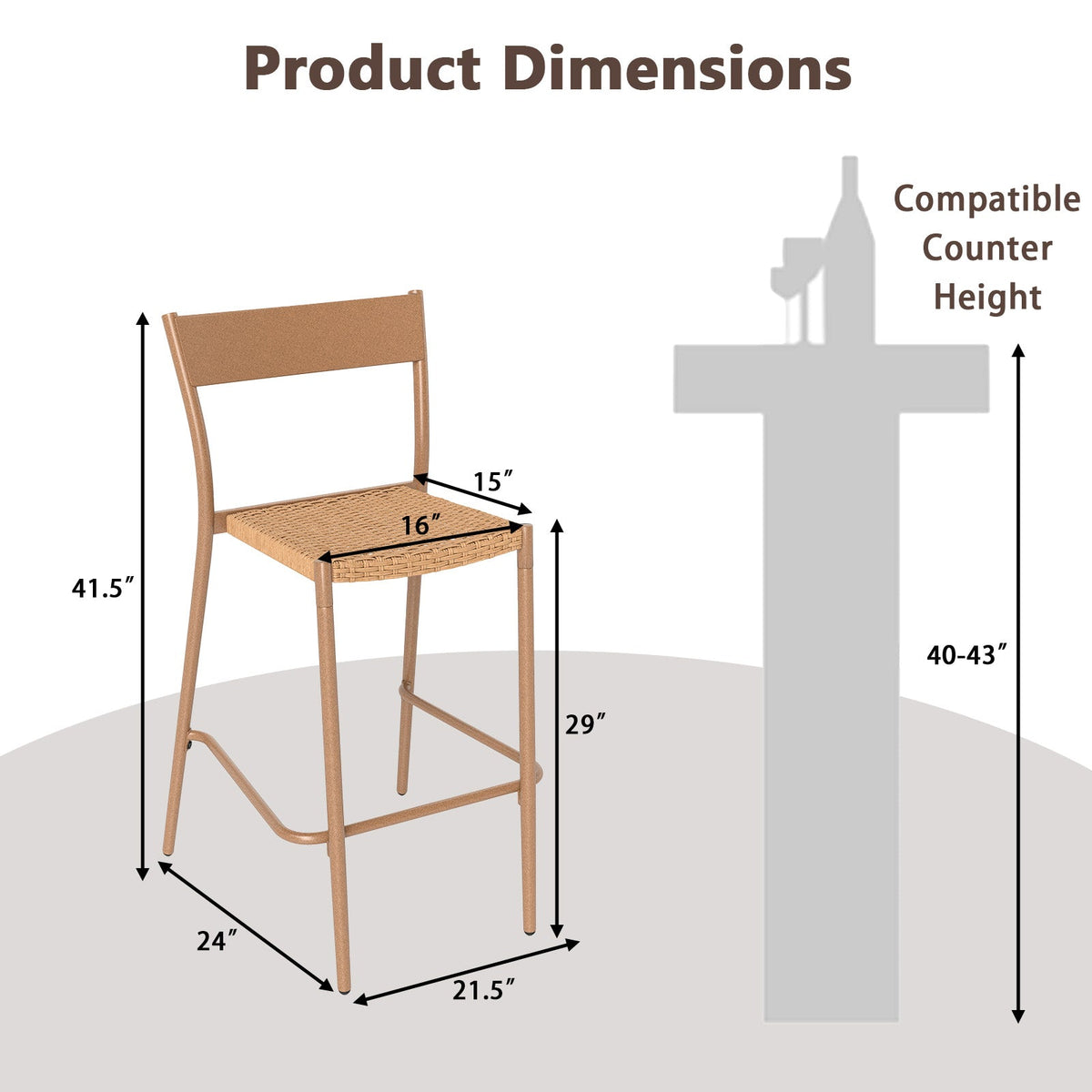 2-Piece Patio Rattan Bar Stools with Metal Backrests