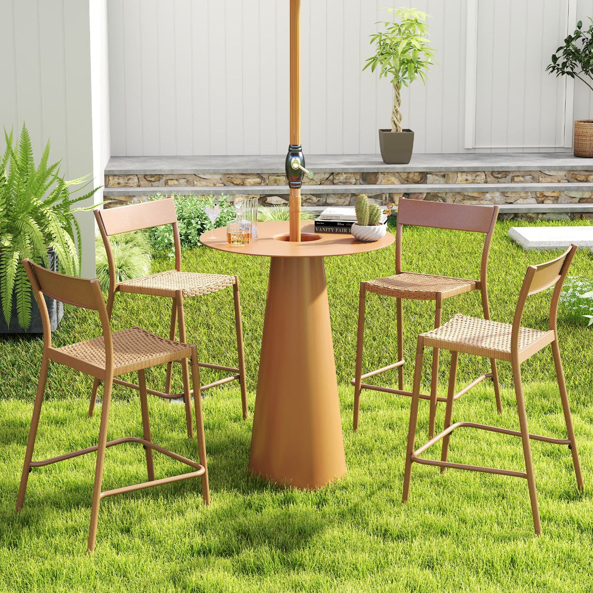 4-Piece Outdoor Rattan Bar Stools with Metal Backrests