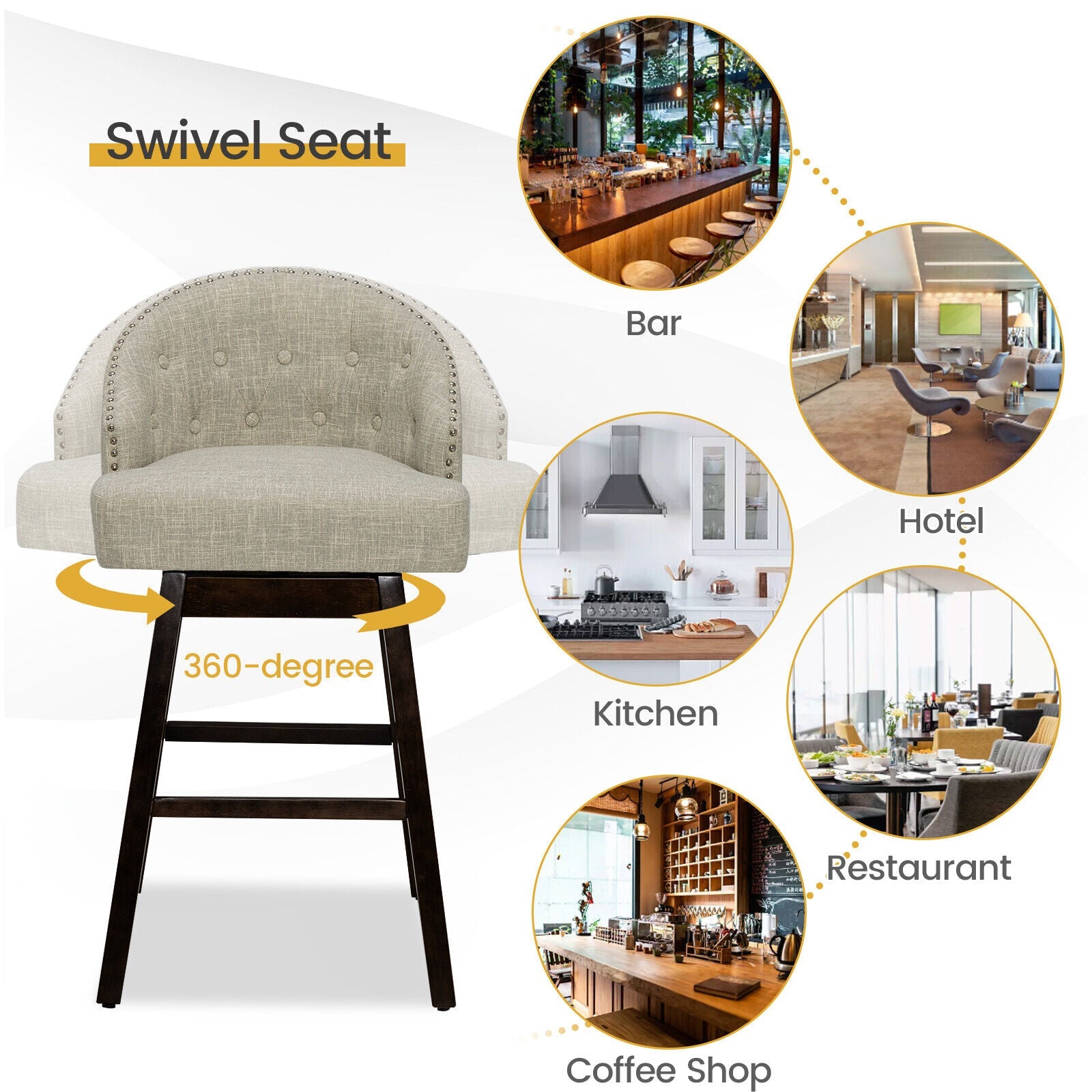 Set of 2 Swivel Bar Stools with Rubber Wood Legs and Padded Back-Beige